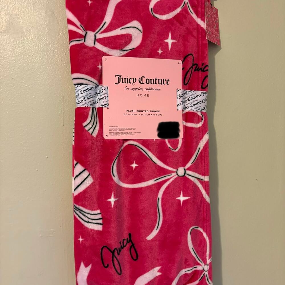 NWT Juicy Couture Plush Printed Throw Blanket Pink White Bows 50x60